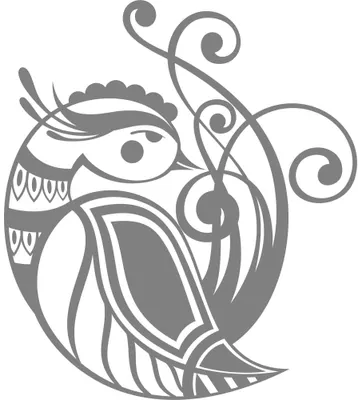 A stylised bird in profile with decorative wing feathers and curling botanical vines sprouting from its body, rendered in grey line art.