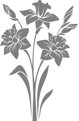 Silhouette illustration of three lilies with prominent stamens, surrounded by long curved leaves on a single stem.