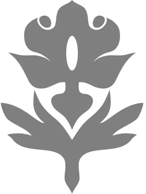 A grey silhouette of a symmetrical lotus-like flower with curved petals radiating from a central stem, rendered in a flat, geometric style.