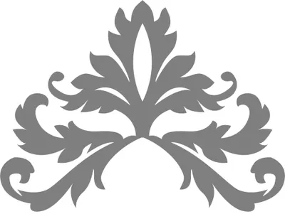 A symmetrical grey silhouette of ornamental leaves arranged in a baroque-style flourish pattern around a central stem.
