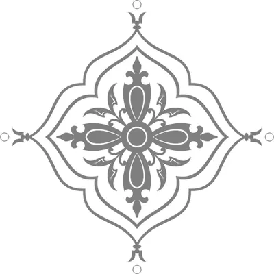 A grey symmetrical mandala with four pointed lobes, a central flower motif, and decorative compass points at cardinal directions.