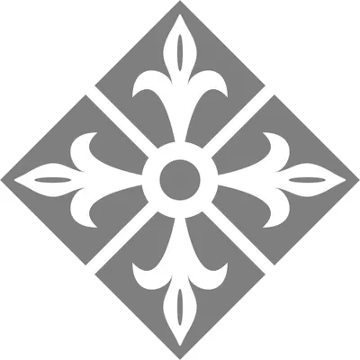 A diamond-shaped sandblast vinyl decal featuring eight white fleur-de-lis leaves arranged around a central circle on a grey background.