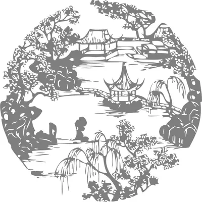 A circular silhouette artwork depicting a traditional Oriental landscape with pagoda, weeping willows, gnarled trees, and a figure contemplating the water.