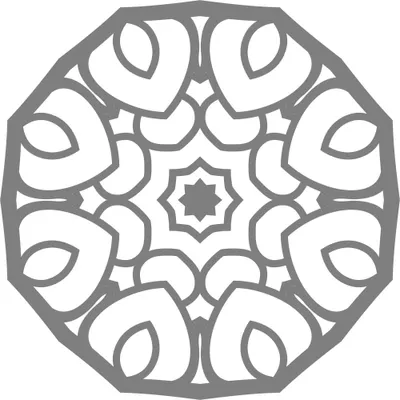 A symmetrical grey mandala with eight leaf-shaped sections arranged around a central star, contained within an octagonal border.