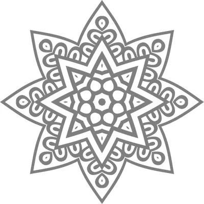 A symmetrical eight-pointed star mandala with repeating geometric patterns and circles throughout, rendered in grey outline.