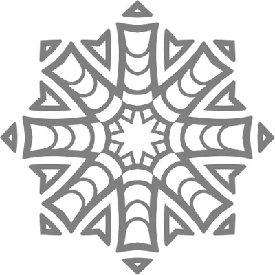 A symmetrical eight-pointed mandala snowflake with geometric patterns radiating from a central star, rendered in grey line art.