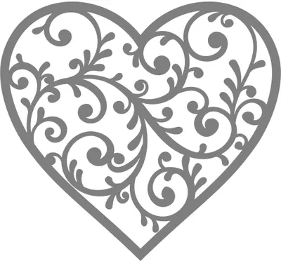 A grey silhouette of a heart shape filled with ornamental scrolling vine patterns.