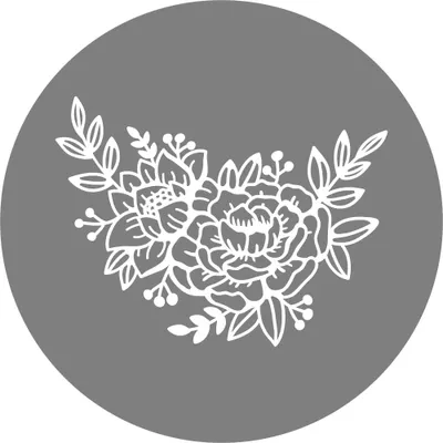 Line art illustration of a full peony flower with surrounding leafy sprigs in white on a grey circular background.