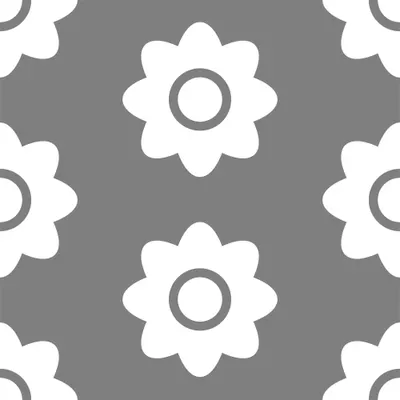 A repeating pattern of white stylised flowers with circular centres arranged across a grey background.