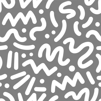 A repeating pattern of white wavy lines, squiggles and small dots scattered across a grey background.