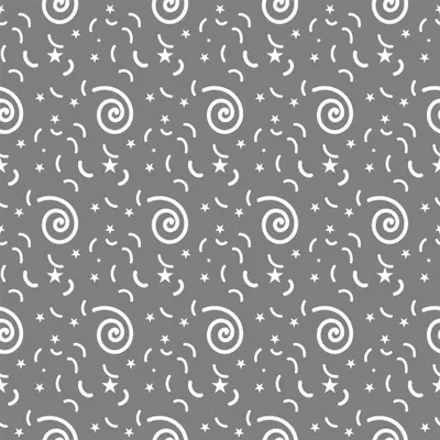 White line-drawn moons, stars and spiral shapes scattered and repeating across a grey background.