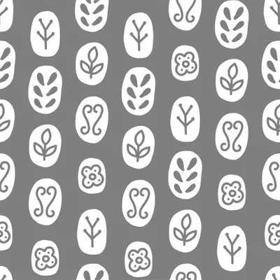 A repeating pattern of white-outlined botanical shapes, leaves and seed pods in ovals, arranged on a grey background.