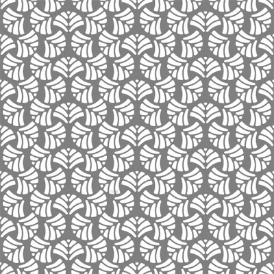 A repeating geometric pattern of white interlocking fan shapes arranged on a grey background.