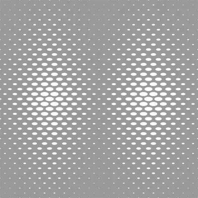 A geometric pattern of white ovals arranged in horizontal rows that gradually increase in size from top to bottom across a grey background.