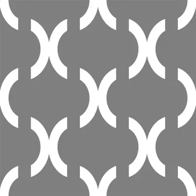 A repeating geometric pattern of interlocking white curved shapes on a grey background, creating a symmetrical quatrefoil design.