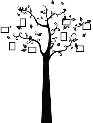 Black silhouette of a tree with curved branches bearing empty rectangular frames and scattered leaves against a white background.