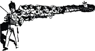 A black silhouette of a soldier aiming a rifle, with the barrel morphing into a marching band complete with musicians, horses, and parade participants.
