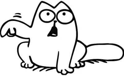 A simple black line drawing of a round cat with extremely wide eyes and an open mouth, looking thoroughly startled or shocked.