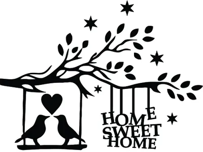 Black silhouette artwork showing two birds sitting together in a heart-shaped swing hanging from a branch, with leaves and stars scattered around, and the text HOME SWEET HOME integrated into the design.