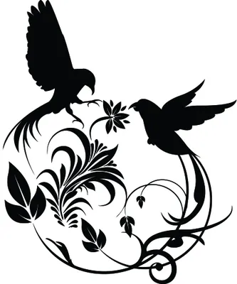 Black silhouette of two hummingbirds hovering around ornate flowering vines and scrolling stems on a white background.
