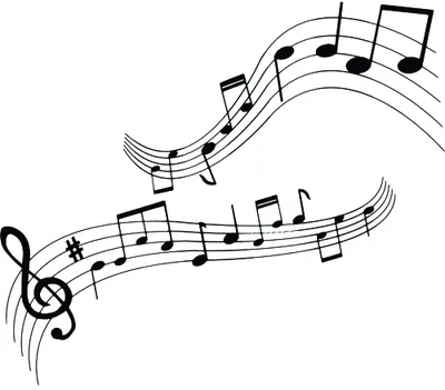 Black line art showing musical notes and staff lines flowing in a curved, ribbon-like pattern with a treble clef on the left side.