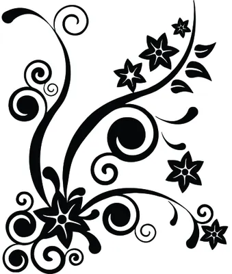 Black silhouette of ornamental vines with swirling scrollwork and small four-pointed stars scattered throughout on a white background.