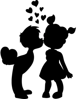 Black silhouettes of a young boy on the left and young girl on the right facing each other, with small black hearts floating between them.