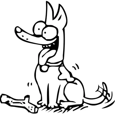 Line drawing of a cartoon dog with spots, bulging eyes, and a wide grin, sitting with its tongue out and tail curved.