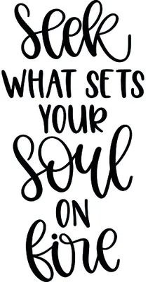 Black handwritten script on white background reading 'Seek what sets your soul on fire'.