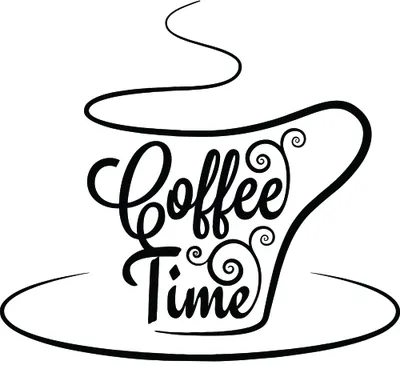 A black line drawing of a steaming coffee cup with 'Coffee Time' written in decorative script, surrounded by ornamental flourishes and swirls.