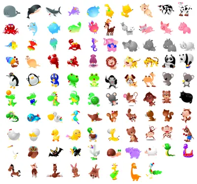 A grid containing approximately eighty cartoon animals and creatures in bright colours, including lions, pandas, frogs, dolphins, birds, and fantastical beasts.