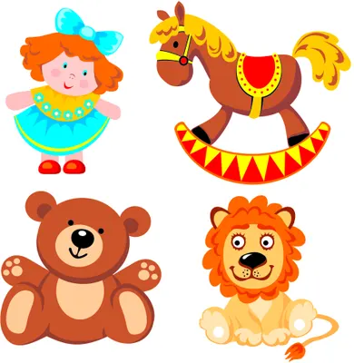 Four colourful toy illustrations arranged in a grid: a smiling doll with orange hair and blue bow, a brown rocking horse with red and yellow saddle, a sitting teddy bear in warm brown tones, and a friendly lion with an orange mane.