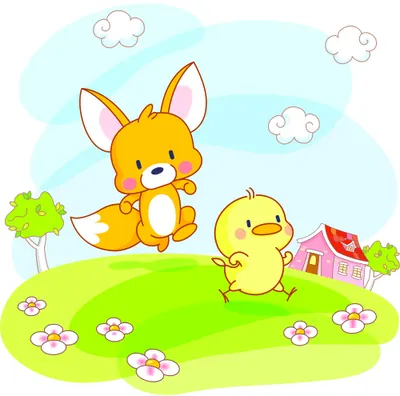 A cartoon illustration of a golden fox and yellow chick standing together in a bright green meadow with pink and white daisies, white clouds, a small house and tree in the background.