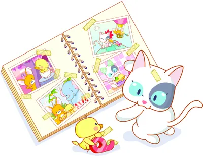 A white cat with pink ears and a yellow chick sit beside an open spiral notebook filled with colourful pictures of various animals and friends.