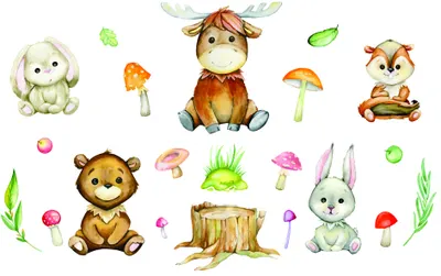Watercolour illustration of a moose, bear, fox, rabbit and various woodland animals surrounded by colourful toadstools and grass.