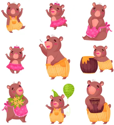 Nine illustrated bears of varying shades wearing colourful party outfits including tutus, waistcoats and party hats, arranged in three rows.