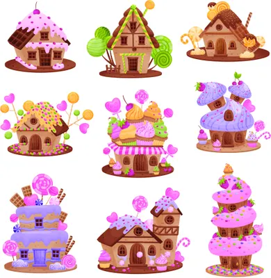 Nine illustrated candy houses of various heights decorated with sweets, lollipops, and frosting in shades of pink, brown, and purple.