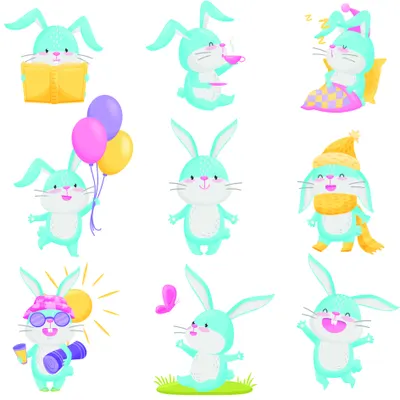 Illustration of nine turquoise cartoon bunnies in various playful poses with balloons, party hats, gifts, and sun imagery in pastel and bright colours.