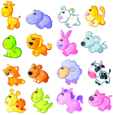 Sixteen cartoon baby animals in bright colours arranged in a four-by-four grid, including giraffes, hippos, rabbits, lions, snakes, sheep and a cow, each with cheerful expressions.