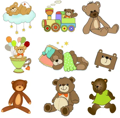 Nine illustrated teddy bears in different scenes, including bears on a cloud with stars, in a toy train, with balloons, sleeping under a blanket, and standing alone in various outfits.