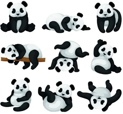 Nine illustrated pandas in various playful poses arranged in a three-by-three grid, rendered in black, white and cream.