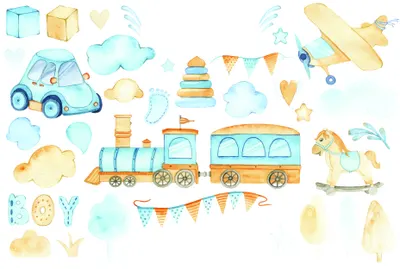 Watercolour illustration featuring toy cars, trains, planes, rocking horses, stacking rings and clouds in soft yellow, blue and cream tones on a white background.