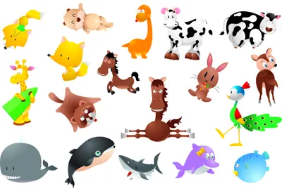 A colourful cartoon illustration featuring twenty cheerful animals including elephants, giraffes, cows, whales, horses, rabbits and birds arranged informally across a white background.