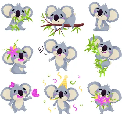 Nine illustrated koalas in various playful poses, some holding or surrounded by green bamboo leaves, set against a cream background.