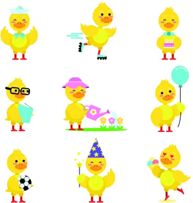 Nine illustrated yellow chicks in different outfits and activities, including one with glasses, one on roller skates, one with a soccer ball, and one with a balloon.