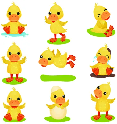 Nine illustrated yellow ducklings in various poses, including sitting, standing, waddling and lying down, with orange beaks and red feet.
