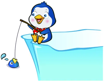 A cartoon penguin with a bright yellow beak sits contentedly fishing in a light blue pool, with a tiny fish on the line below.