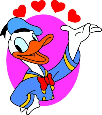 A cartoon illustration of Donald Duck in blue sailor outfit with an orange bill, surrounded by four red hearts against a bright pink oval background.