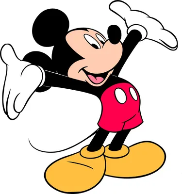 Mickey Mouse illustrated in his classic pose, jumping with one arm raised and a wide smile, wearing red shorts and yellow shoes.