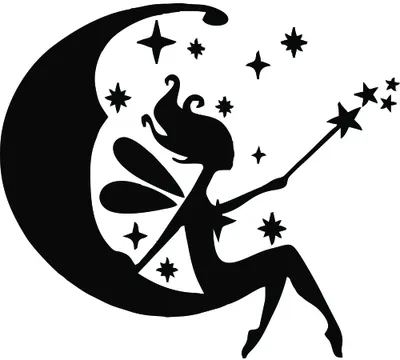 Black silhouette of a fairy sitting on a crescent moon, holding a wand that trails stars across a white background.